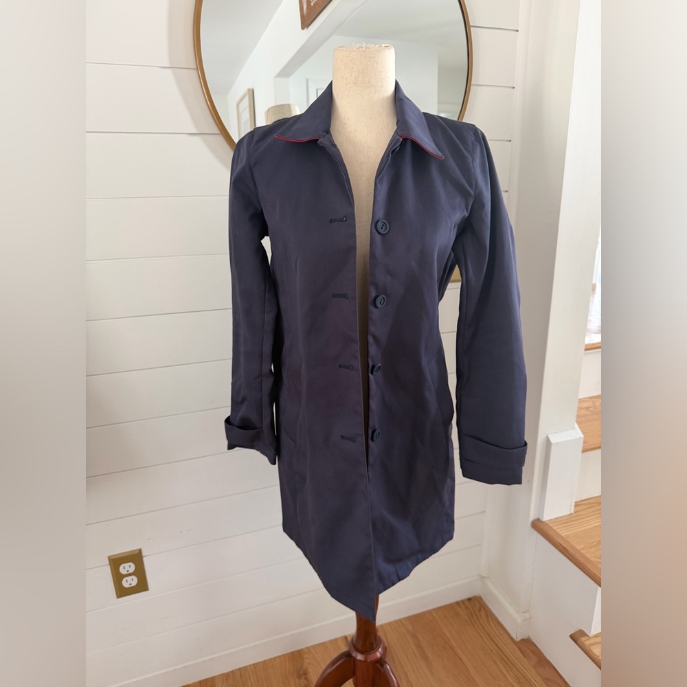 L.L.Bean Signature Navy Cotton Trench Coat Red Trim Women’s Size 4